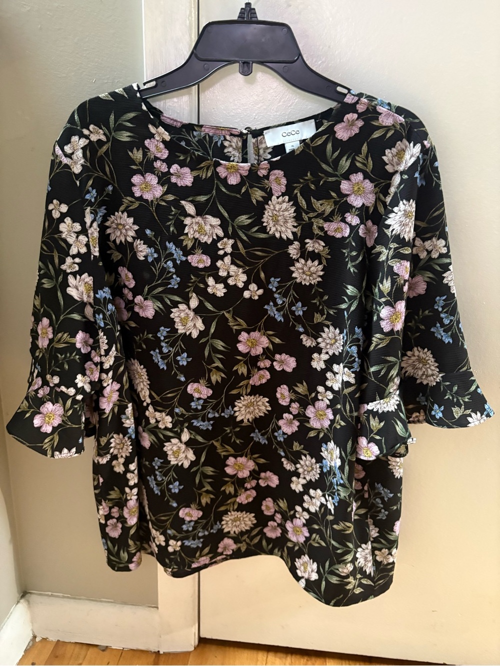 Set of 3: CeCe Black Floral Crewneck 3/4-Sleeve Ruffle Cuff Blouse - Picture 2 of 5